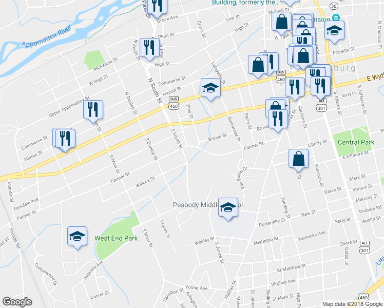 map of restaurants, bars, coffee shops, grocery stores, and more near 600 Farmer Street in Petersburg