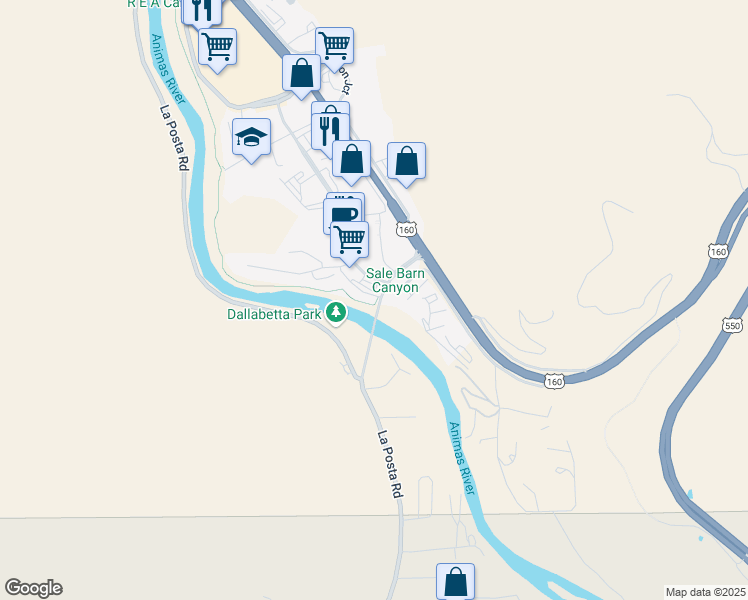 map of restaurants, bars, coffee shops, grocery stores, and more near 20 River Road in Durango