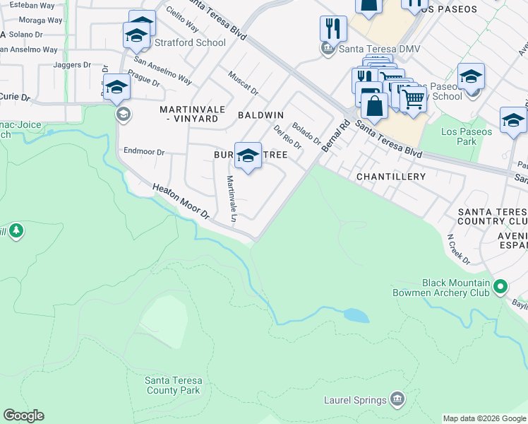 map of restaurants, bars, coffee shops, grocery stores, and more near 314 Burning Tree Drive in San Jose