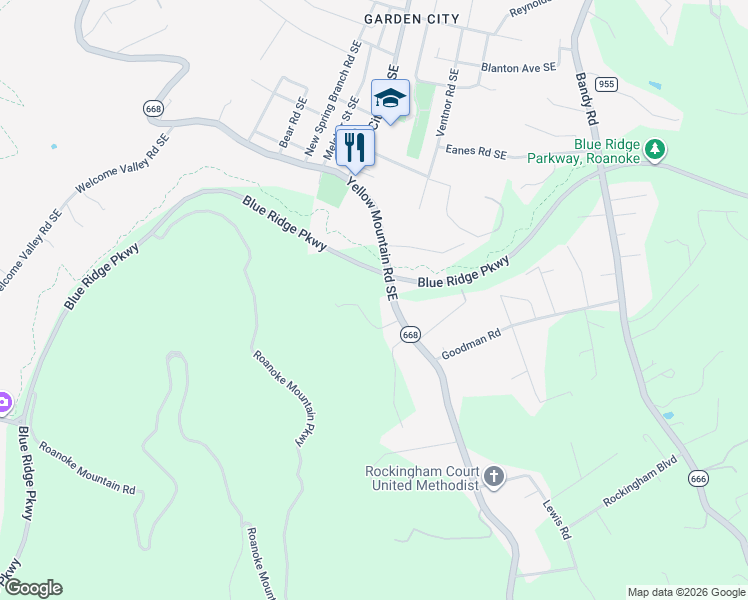map of restaurants, bars, coffee shops, grocery stores, and more near 4103 Yellow Mountain Road in Roanoke