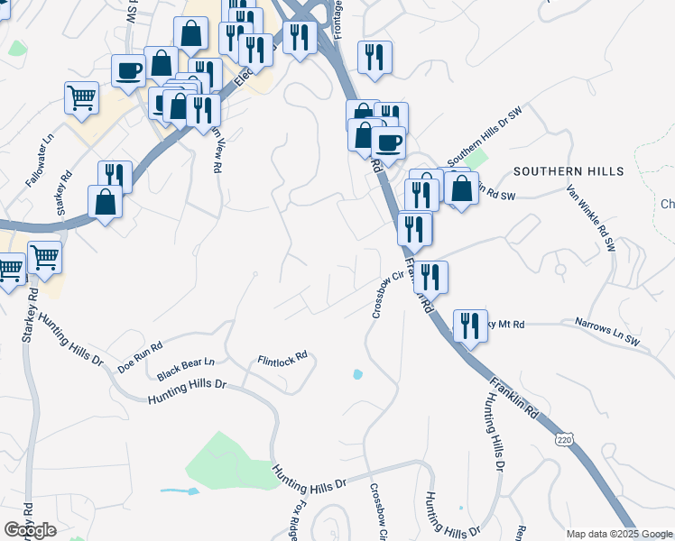 map of restaurants, bars, coffee shops, grocery stores, and more near 5260 Cross Bow Circle in Cave Spring