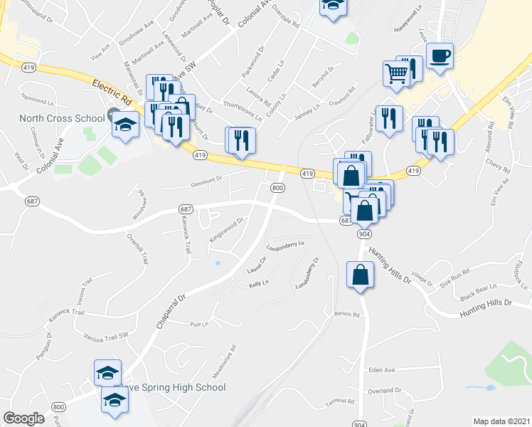 map of restaurants, bars, coffee shops, grocery stores, and more near 3215 Chaparral Drive in Roanoke
