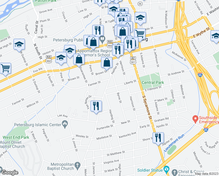 map of restaurants, bars, coffee shops, grocery stores, and more near 228 Liberty Street in Petersburg