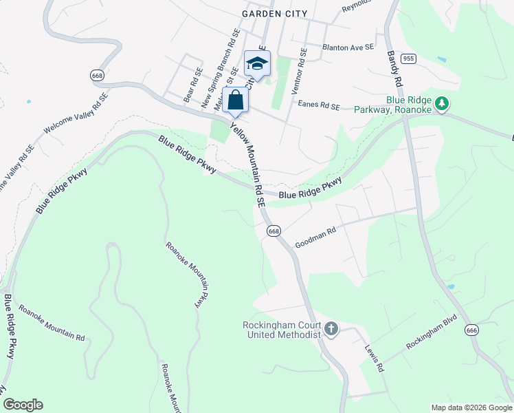 map of restaurants, bars, coffee shops, grocery stores, and more near 4103 Yellow Mountain Road Southeast in Roanoke