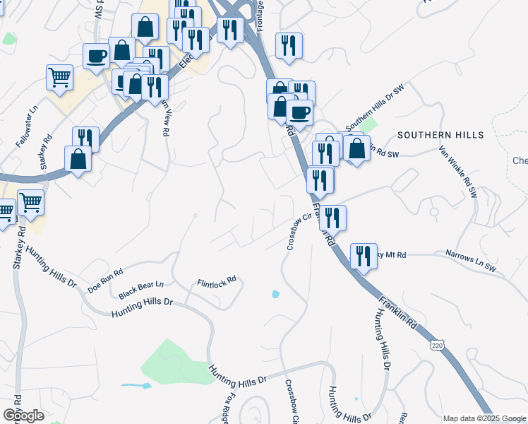map of restaurants, bars, coffee shops, grocery stores, and more near 5260 Cross Bow Circle in Roanoke