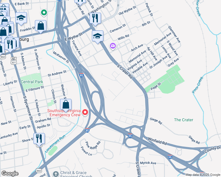 map of restaurants, bars, coffee shops, grocery stores, and more near 457 Reservoir Heights in Petersburg