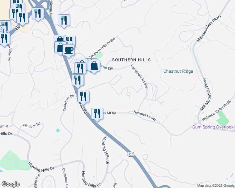 map of restaurants, bars, coffee shops, grocery stores, and more near 4419 Pheasant Ridge Road in Roanoke