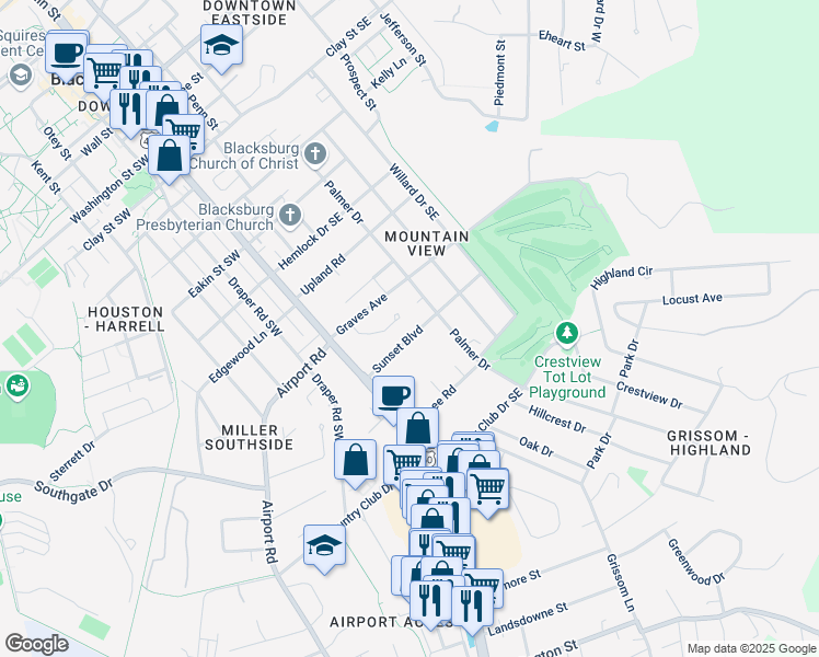 map of restaurants, bars, coffee shops, grocery stores, and more near 313 Sunset Boulevard in Blacksburg