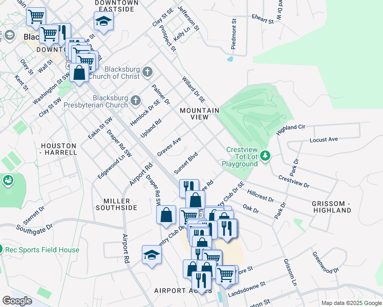 map of restaurants, bars, coffee shops, grocery stores, and more near 313 Sunset Boulevard in Blacksburg