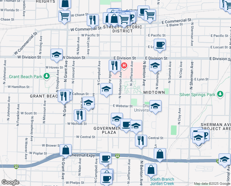map of restaurants, bars, coffee shops, grocery stores, and more near 217 East Calhoun Street in Springfield