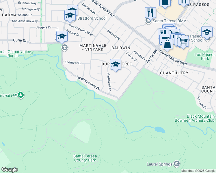map of restaurants, bars, coffee shops, grocery stores, and more near 6981 El Marcero Court in San Jose