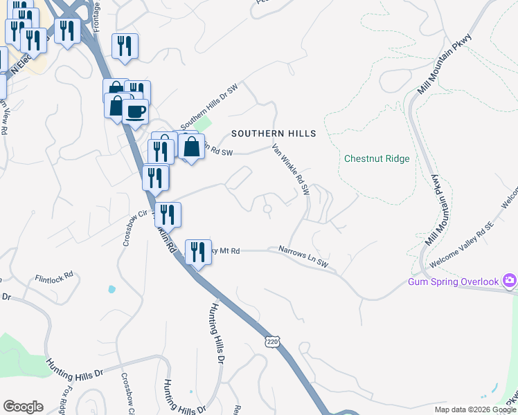 map of restaurants, bars, coffee shops, grocery stores, and more near 4434 Pheasant Ridge Road in Roanoke
