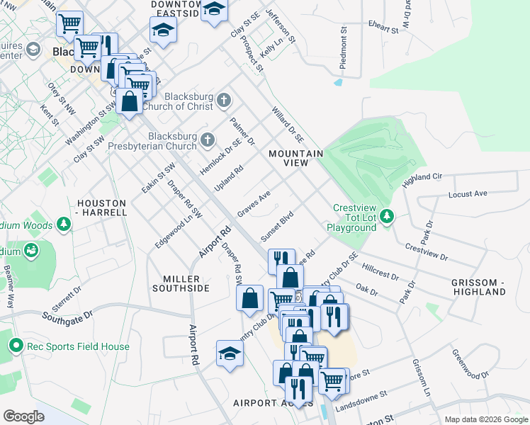 map of restaurants, bars, coffee shops, grocery stores, and more near 206 Graves Avenue in Blacksburg