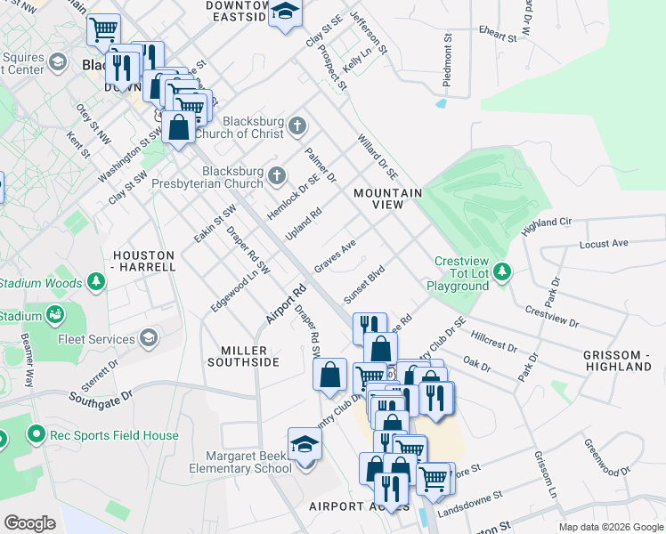 map of restaurants, bars, coffee shops, grocery stores, and more near 206 Graves Avenue in Blacksburg
