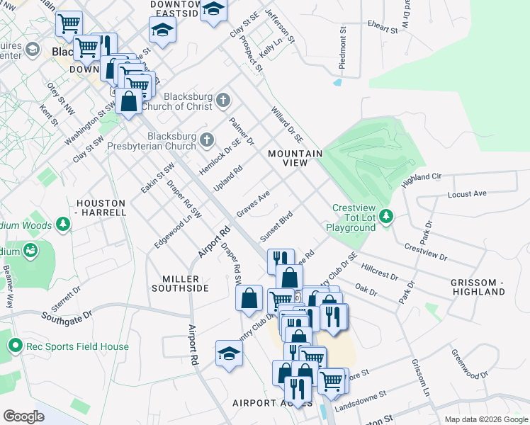 map of restaurants, bars, coffee shops, grocery stores, and more near 206 Graves Avenue in Blacksburg