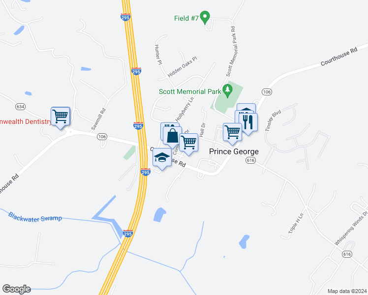 map of restaurants, bars, coffee shops, grocery stores, and more near 6508 Commons Drive in Prince George