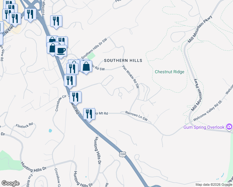 map of restaurants, bars, coffee shops, grocery stores, and more near 4434 Pheasant Ridge Road in Roanoke