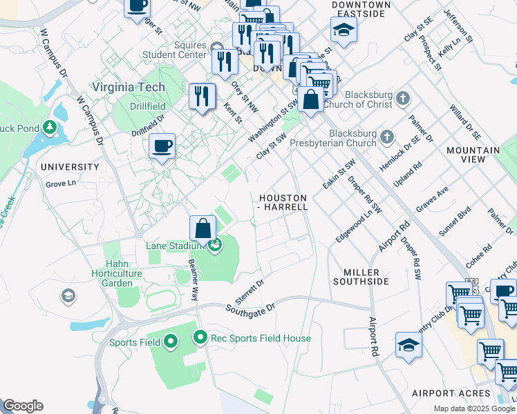 map of restaurants, bars, coffee shops, grocery stores, and more near 515 Houston Street in Blacksburg