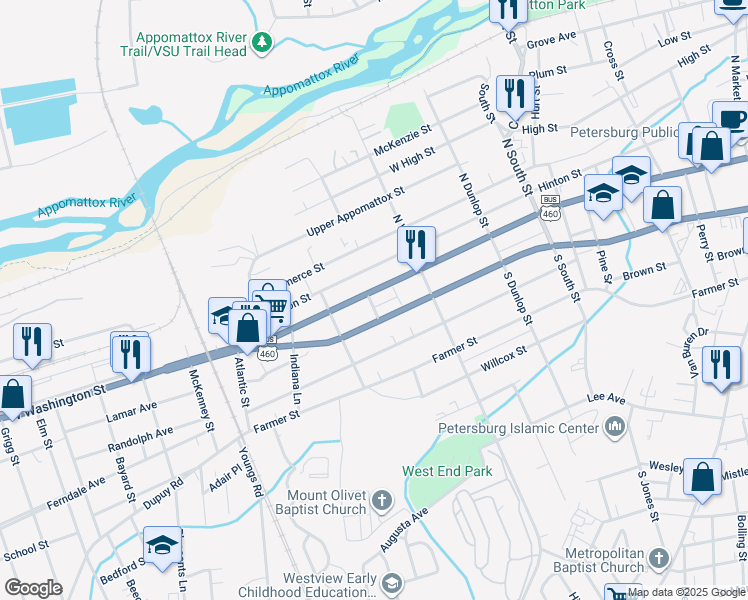 map of restaurants, bars, coffee shops, grocery stores, and more near 1156 West Washington Street in Petersburg