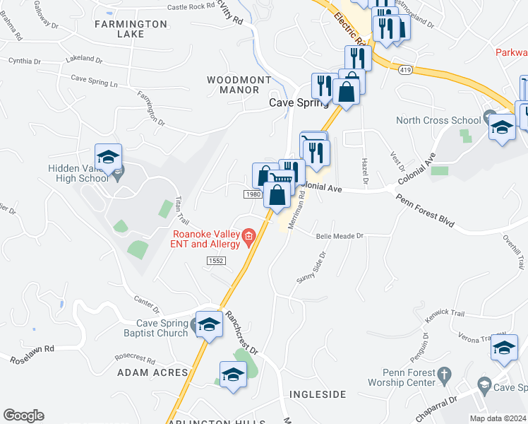 map of restaurants, bars, coffee shops, grocery stores, and more near 4533 Brambleton Avenue in Roanoke