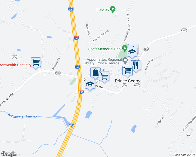 map of restaurants, bars, coffee shops, grocery stores, and more near 6544 Commons Drive in Prince George