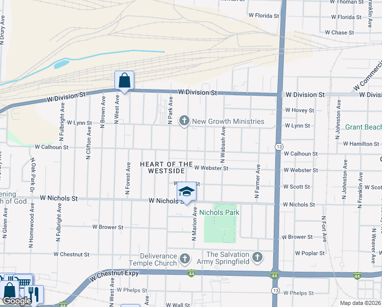 map of restaurants, bars, coffee shops, grocery stores, and more near 1301 North Marion Avenue in Springfield
