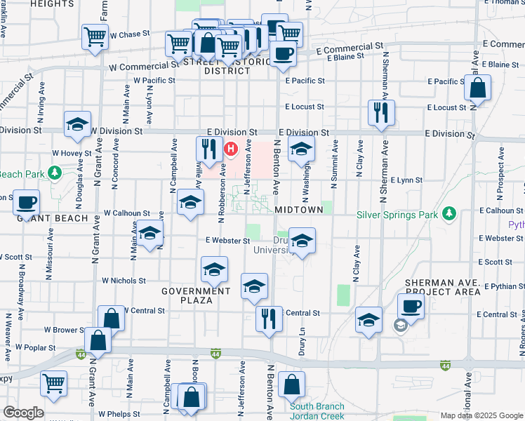map of restaurants, bars, coffee shops, grocery stores, and more near 429 East Calhoun Street in Springfield