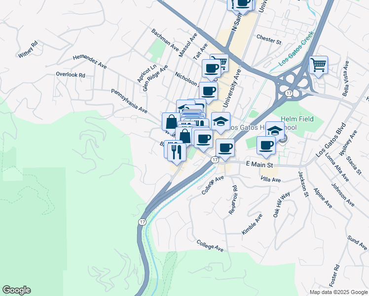 map of restaurants, bars, coffee shops, grocery stores, and more near 20 South Santa Cruz Avenue in Los Gatos