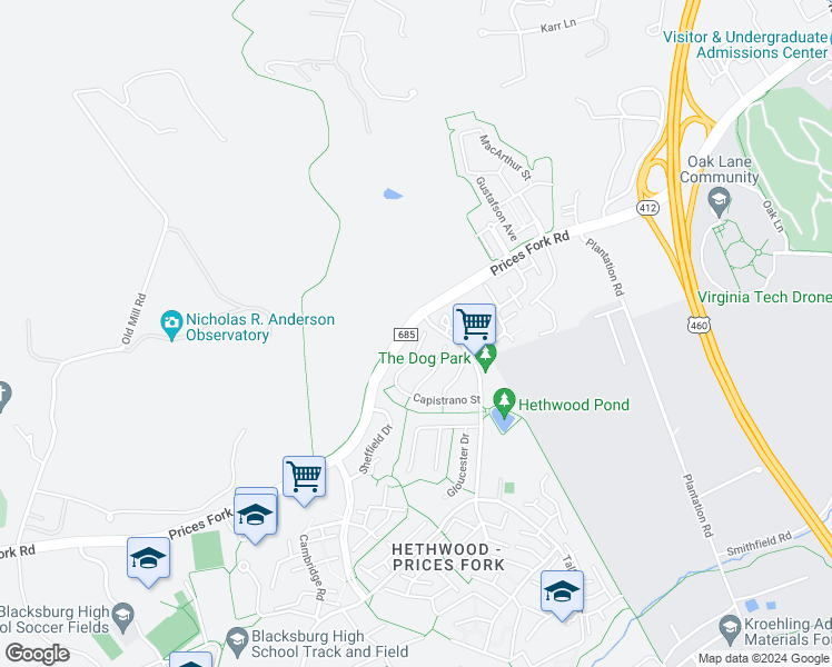 map of restaurants, bars, coffee shops, grocery stores, and more near 2302 Capistrano Street in Blacksburg