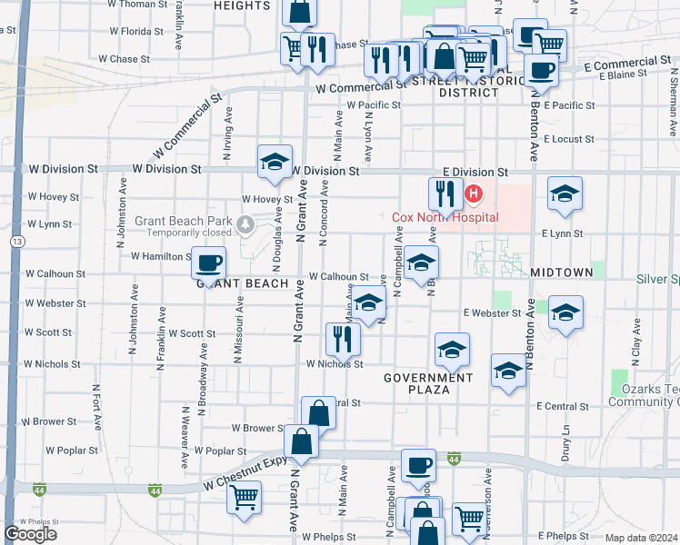 map of restaurants, bars, coffee shops, grocery stores, and more near 611 West Calhoun Street in Springfield