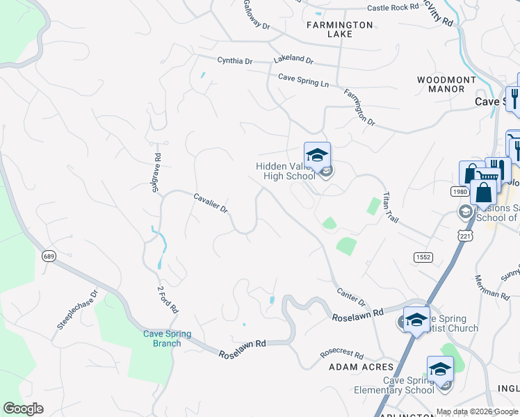 map of restaurants, bars, coffee shops, grocery stores, and more near 5430 Cavalier Drive in Cave Spring