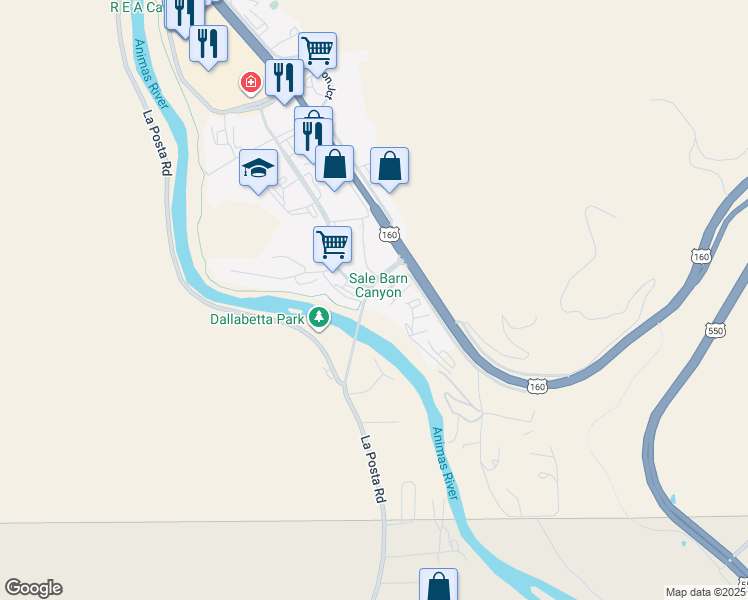 map of restaurants, bars, coffee shops, grocery stores, and more near 20 River Road in Durango