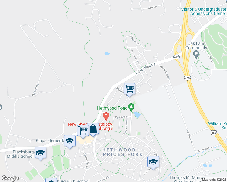 map of restaurants, bars, coffee shops, grocery stores, and more near 2302 Capistrano Street in Blacksburg