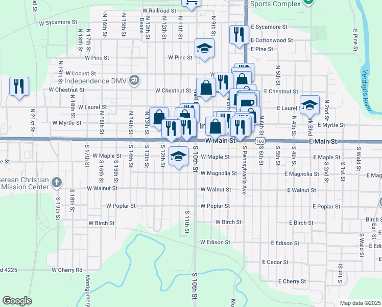 map of restaurants, bars, coffee shops, grocery stores, and more near 301 West Main Street in Independence