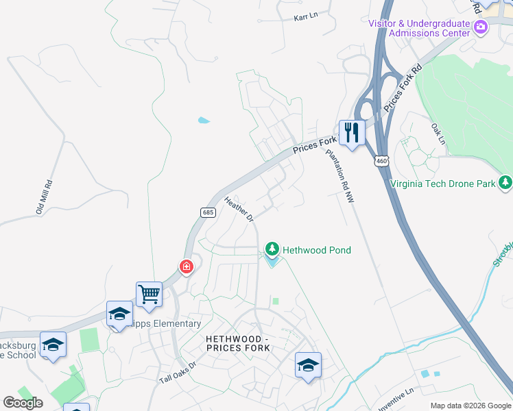 map of restaurants, bars, coffee shops, grocery stores, and more near in Blacksburg