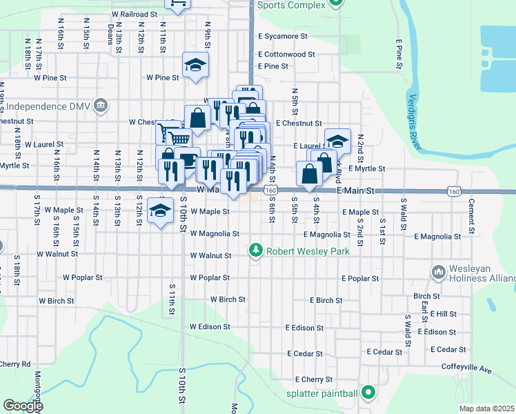 map of restaurants, bars, coffee shops, grocery stores, and more near 122 South Pennsylvania Avenue in Independence