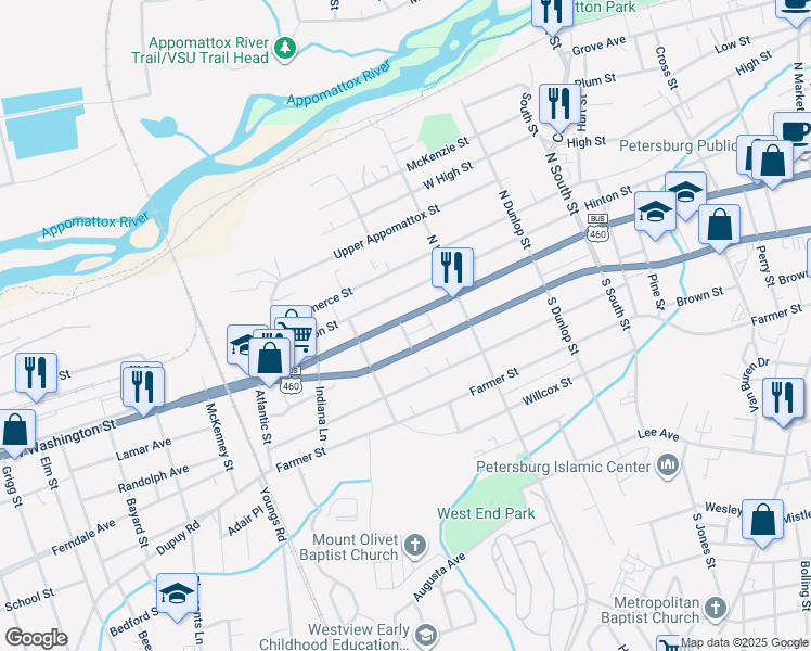 map of restaurants, bars, coffee shops, grocery stores, and more near 1156 West Washington Street in Petersburg