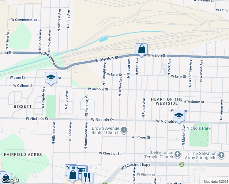 map of restaurants, bars, coffee shops, grocery stores, and more near 1234 North Ethyl Avenue in Springfield