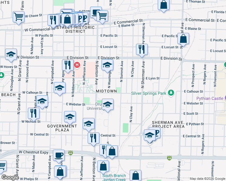 map of restaurants, bars, coffee shops, grocery stores, and more near 603 East Calhoun Street in Springfield