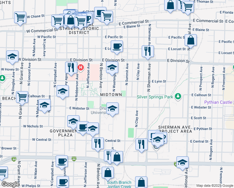 map of restaurants, bars, coffee shops, grocery stores, and more near 603 East Calhoun Street in Springfield