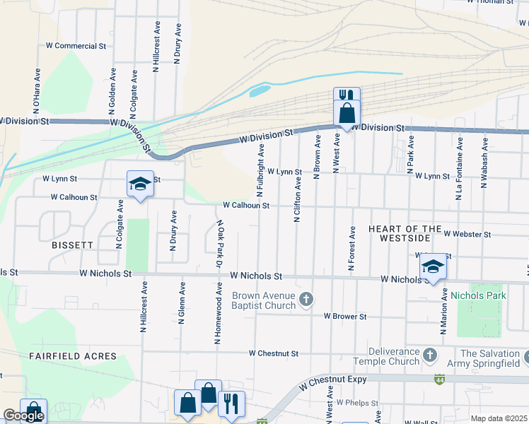 map of restaurants, bars, coffee shops, grocery stores, and more near 1218 North Fulbright Avenue in Springfield