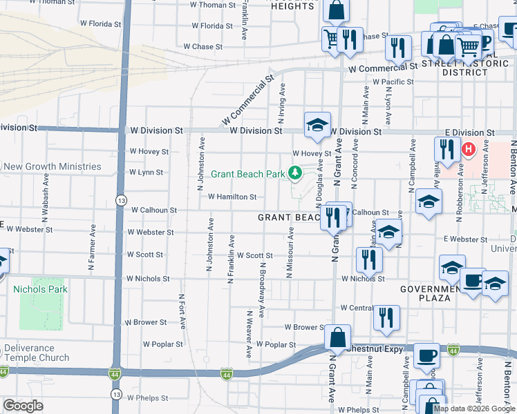 map of restaurants, bars, coffee shops, grocery stores, and more near 1301 North Broadway Avenue in Springfield