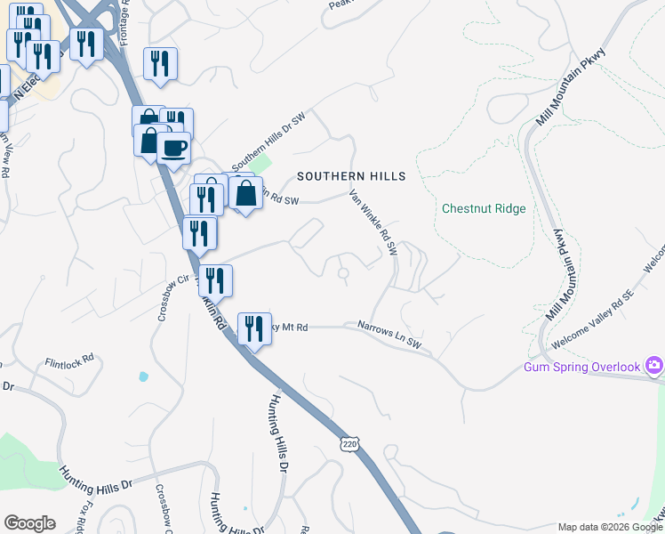 map of restaurants, bars, coffee shops, grocery stores, and more near 4434 Pheasant Ridge Road in Roanoke