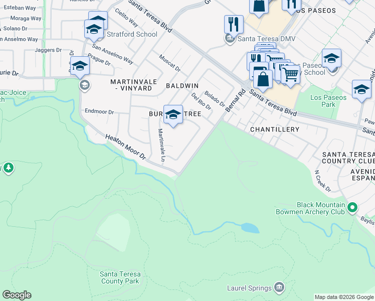 map of restaurants, bars, coffee shops, grocery stores, and more near 314 Burning Tree Drive in San Jose