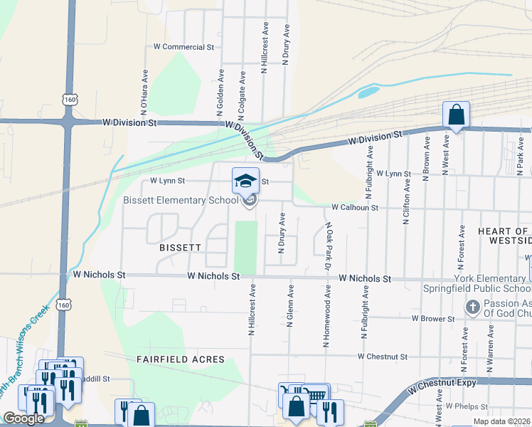 map of restaurants, bars, coffee shops, grocery stores, and more near 1246 North Hillcrest Avenue in Springfield