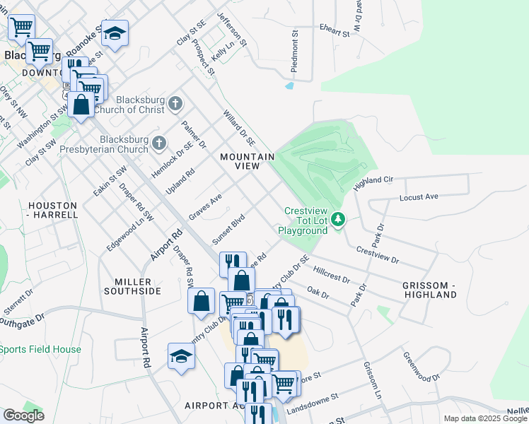 map of restaurants, bars, coffee shops, grocery stores, and more near 320 Sunset Boulevard in Blacksburg