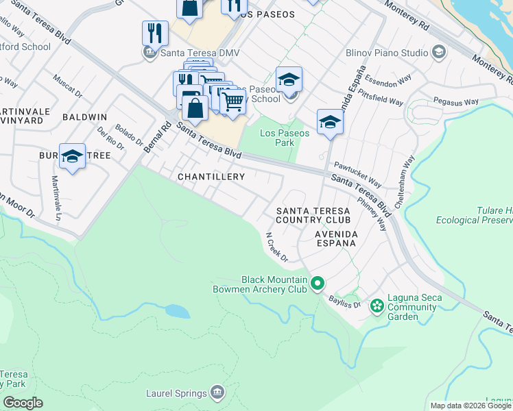 map of restaurants, bars, coffee shops, grocery stores, and more near 194 Stillwater Ln in San Jose