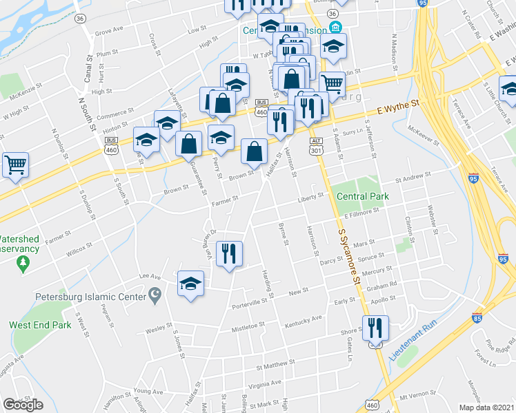 map of restaurants, bars, coffee shops, grocery stores, and more near 244 Halifax Street in Petersburg