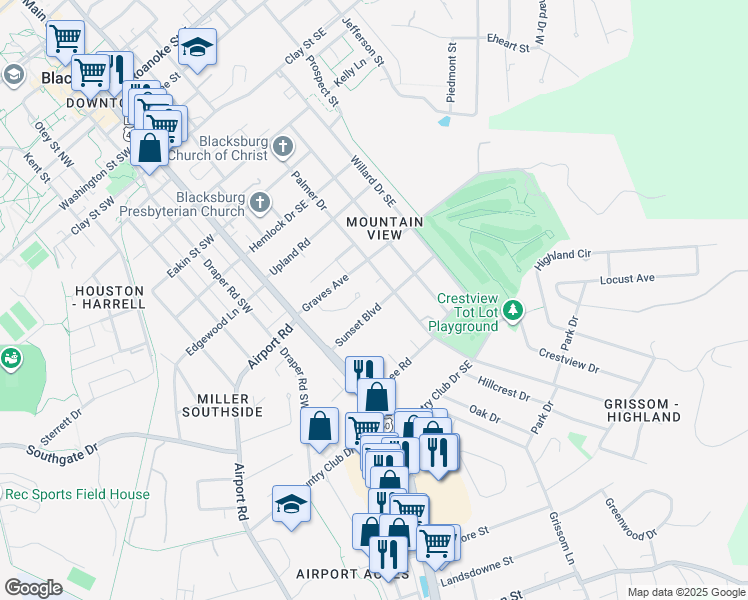map of restaurants, bars, coffee shops, grocery stores, and more near Evergreen Way in Blacksburg
