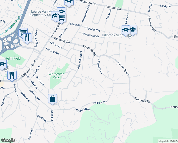 map of restaurants, bars, coffee shops, grocery stores, and more near 120 Pinta Court in Los Gatos